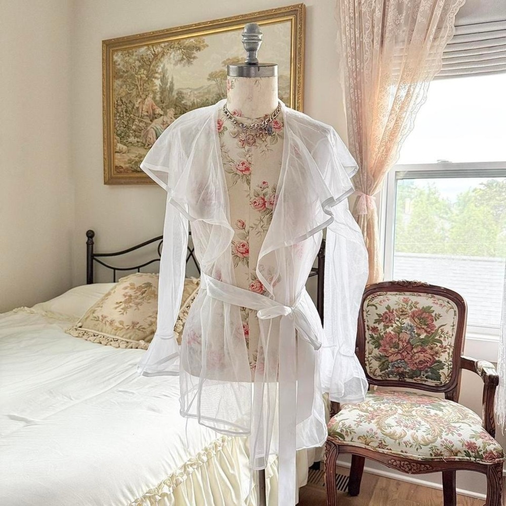 80s Cinema Etoile white ruffle tie front wrap top size small - Picture 1 of 6